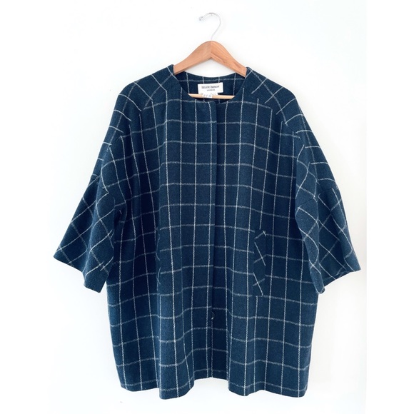 HELENE BERMAN LONDON 🍁 WOOL BLEND KIMONO COAT NAVY & WHITE LARGE CHECK - Picture 4 of 15